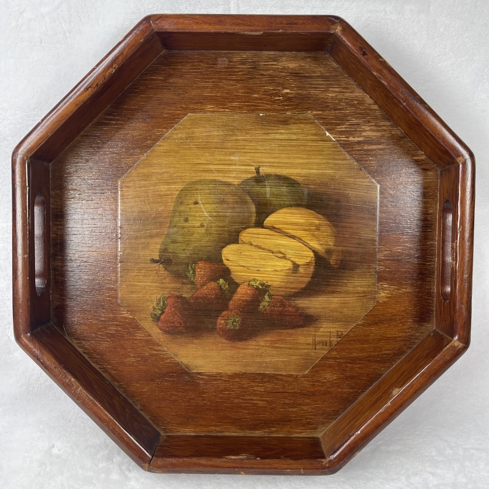 VTG Wood Serving Butlers Tray Folk Art‎ Toleware Style Fruit Octagon Handles 13"